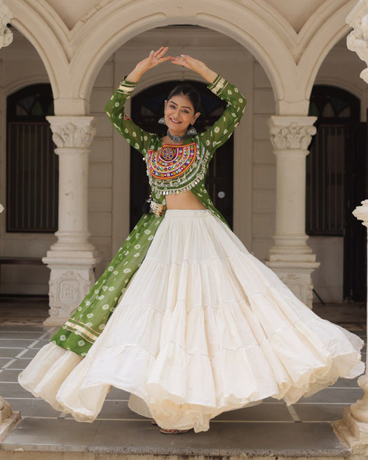 Parrot Green Color Bandhani Print Kurti With Kora Cotton Lehenga