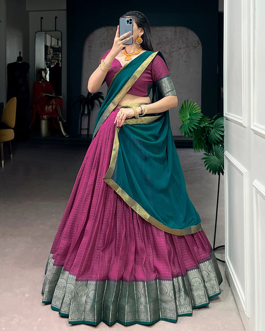 Pink Color Dola Chex Zari Weaving Half Saree