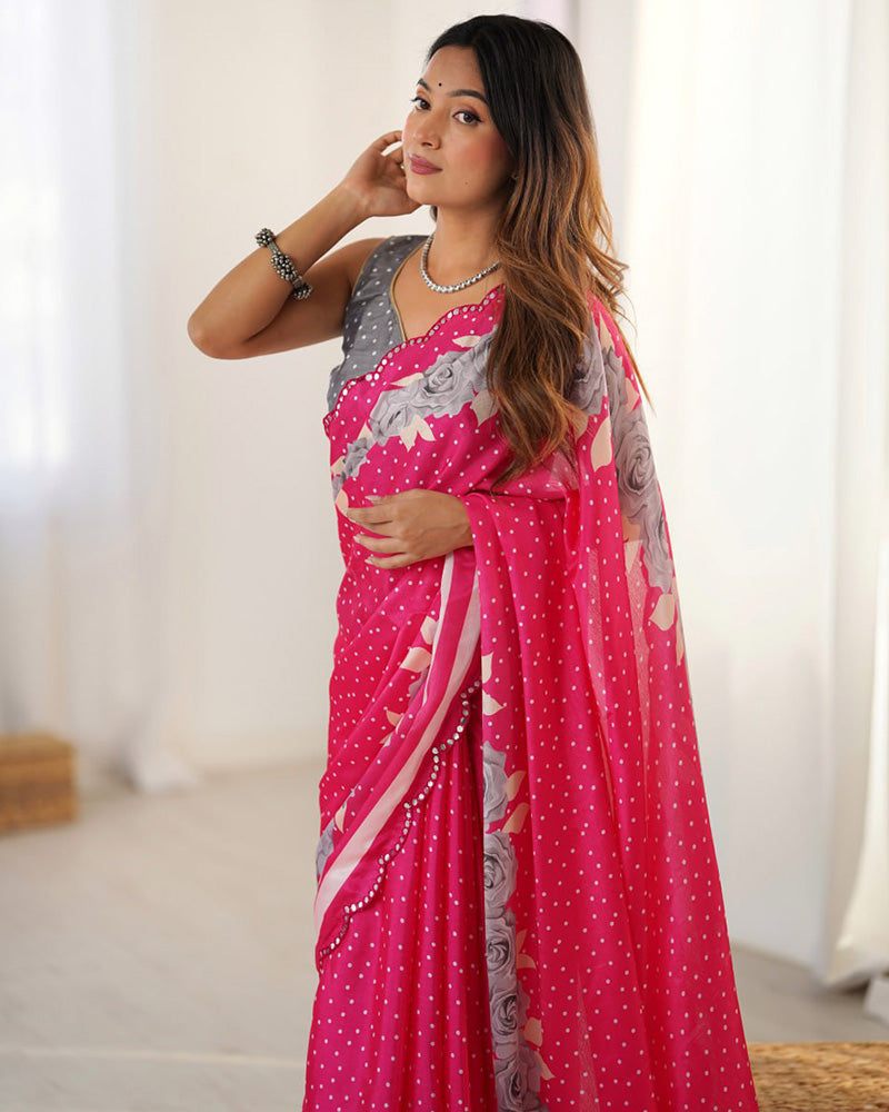 Rani Pink Color Chinnon Silk Digital Printed Saree