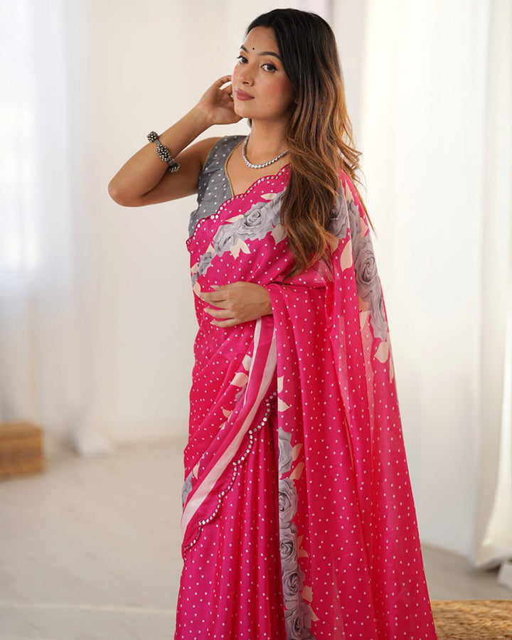 Rani Pink Color Chinnon Silk Digital Printed Saree