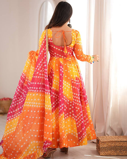 Yellow Color Bandhani Printed Tebby Organza Anarkali Suit