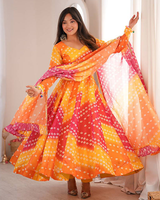 Yellow Color Bandhani Printed Tebby Organza Anarkali Suit