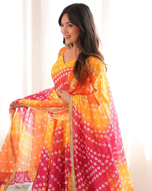Yellow Color Bandhani Printed Tebby Organza Anarkali Suit