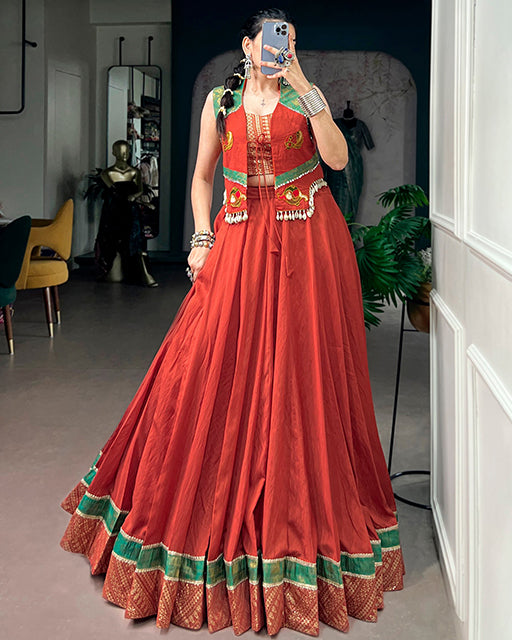 Rust Orange Color Pure Chanderi Navratri Lehenga Choli