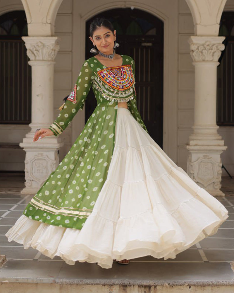 Parrot Green Color Bandhani Print Kurti With Kora Cotton Lehenga