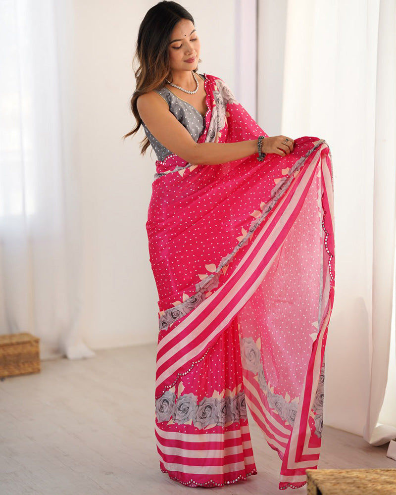 Rani Pink Color Chinnon Silk Digital Printed Saree
