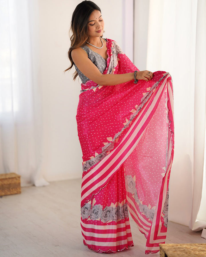 Rani Pink Color Chinnon Silk Digital Printed Saree