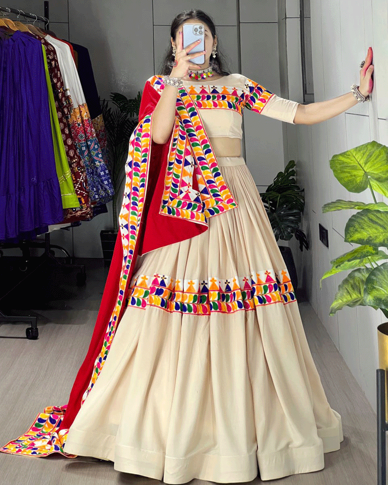 Cream And Maroon Color Rayon Cotton Navratri Lehenga Choli