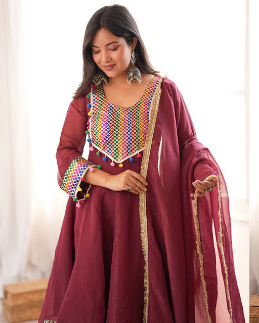 Dusty Maroon Color Crunchy Silk Three Piece Suit