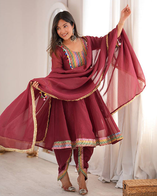 Dusty Maroon Color Crunchy Silk Three Piece Suit