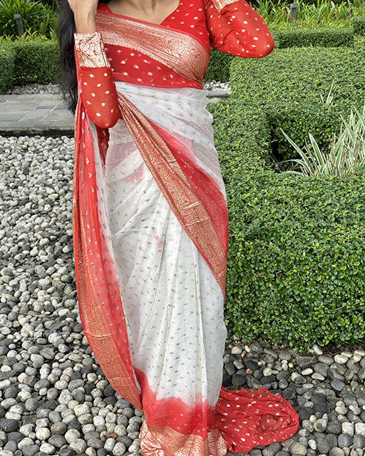 White And Red Color Pure Viscose Georgette Saree