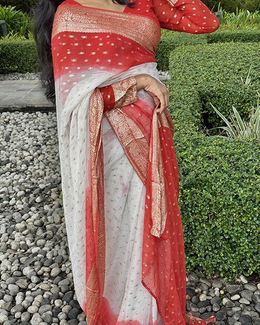 White And Red Color Pure Viscose Georgette Saree