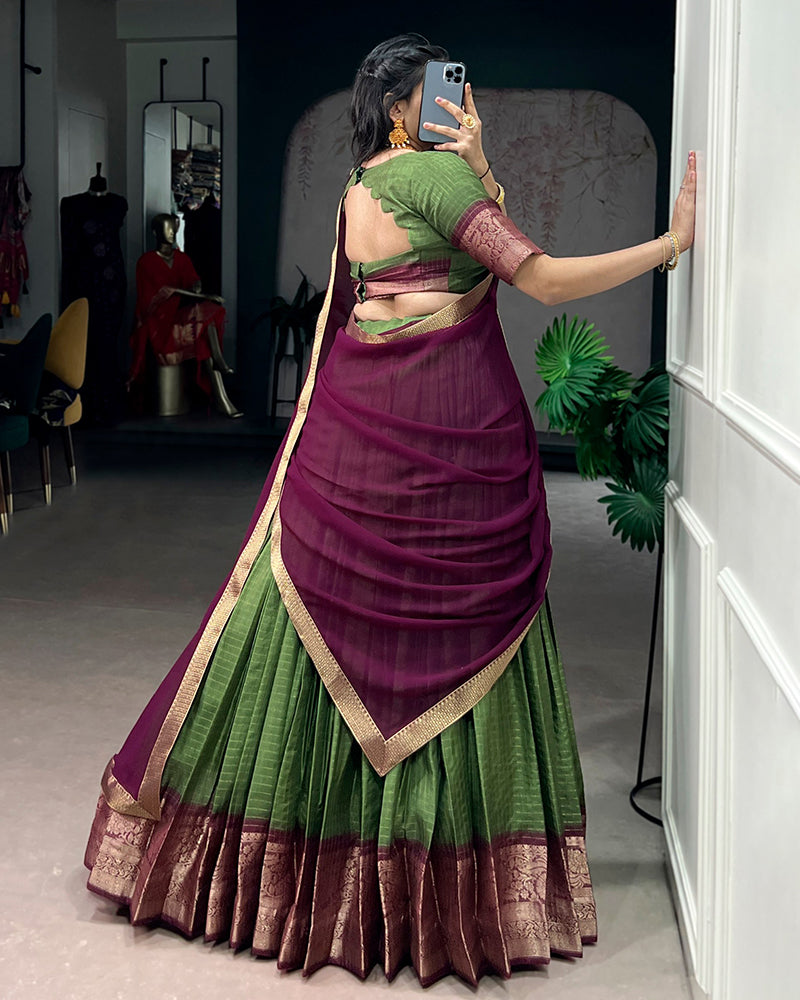 Mehndi Color Dola Chex Zari Weaving Half Saree