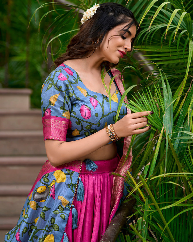 Pink Color Dola Silk Designer Kalamkari Print Half Saree