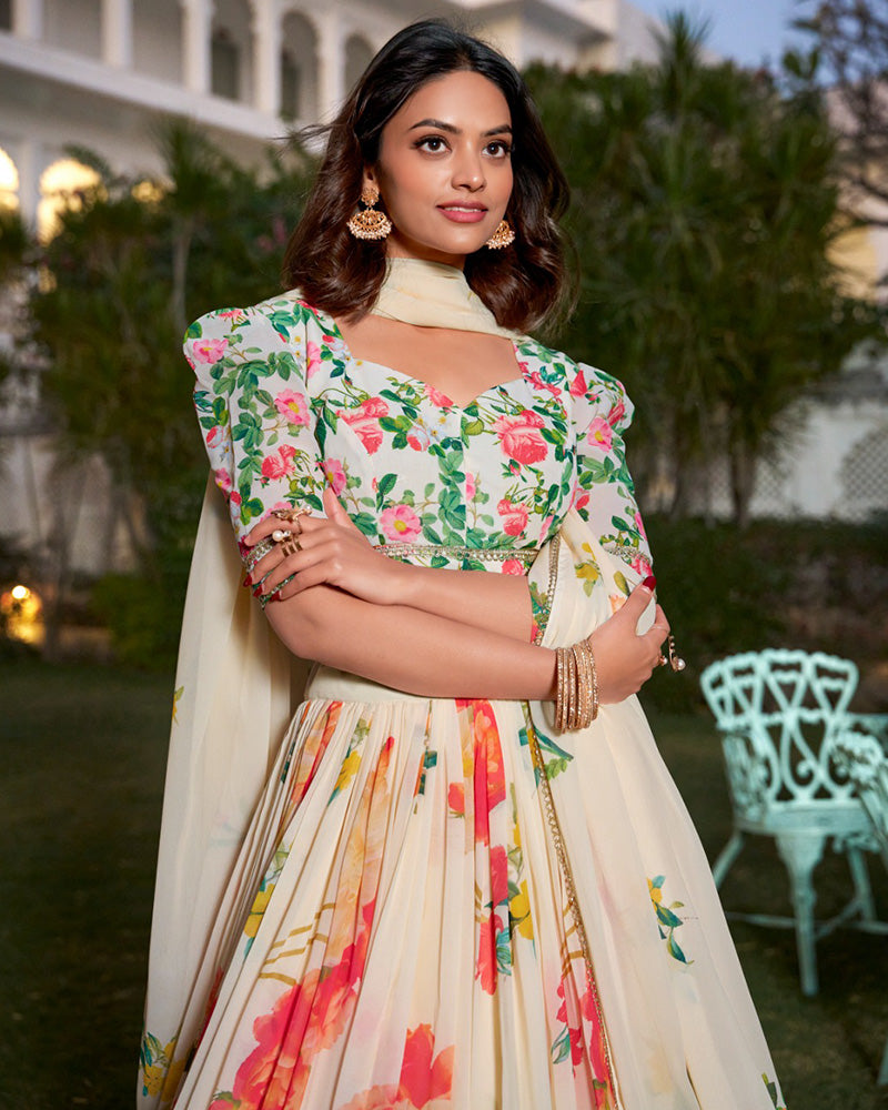 Cream Color Georgette Floral Printed Lehenga Choli