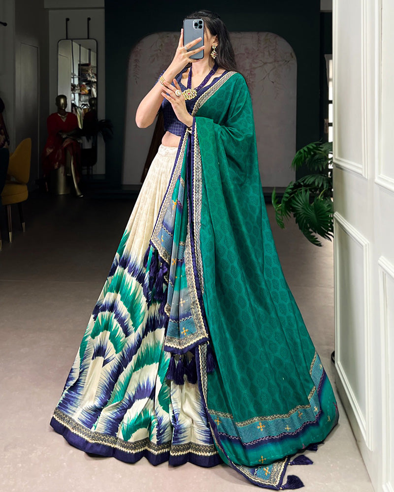 Navy Blue Color Tasar Silk Dye Printed Lehenga Choli
