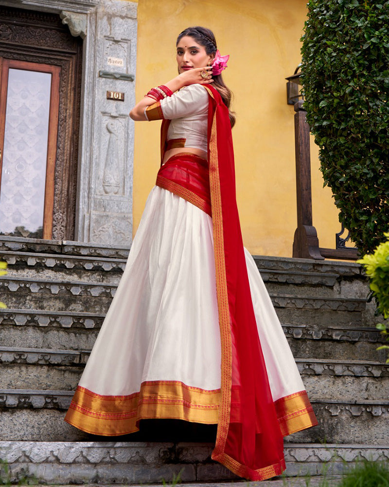 Designer White Color Poly Cotton Half Saree