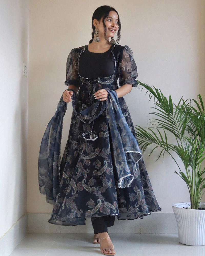 Black Color Georgette Printed Three Piece Anarkali Suit