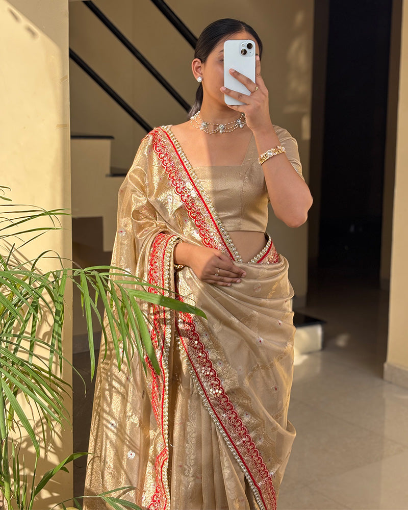 Cream Color Banarasi Tissue Silk Organza Saree
