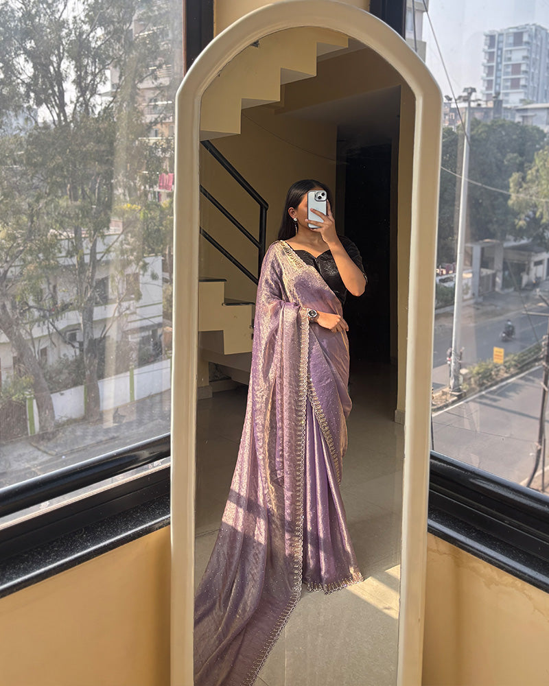 Lavender Color Space Silk Sequence Embroidered Saree