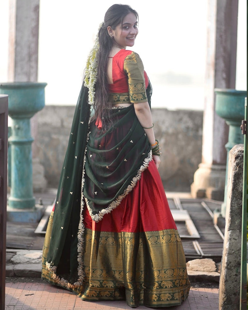 Soumya Sharma In Red Color Narayan Pattu Silk Designer Half Saree