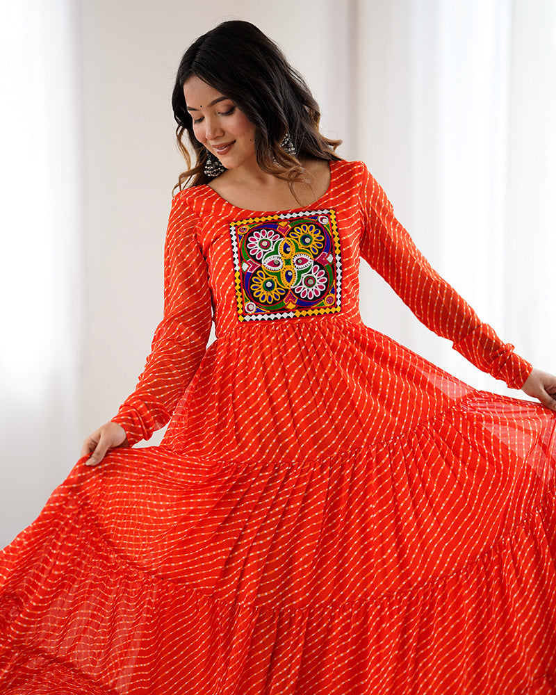 Orange Color Georgette Laheriya Print Navratri Gown