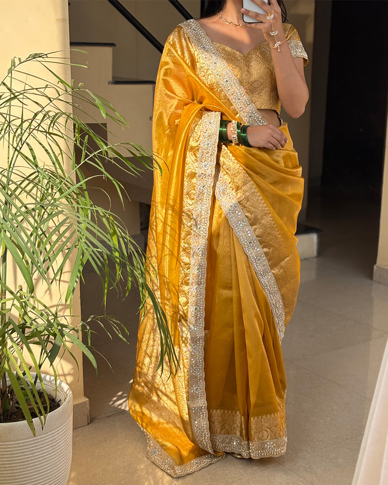 Mustard Color Soft Banarasi Silk Pearl Work Saree
