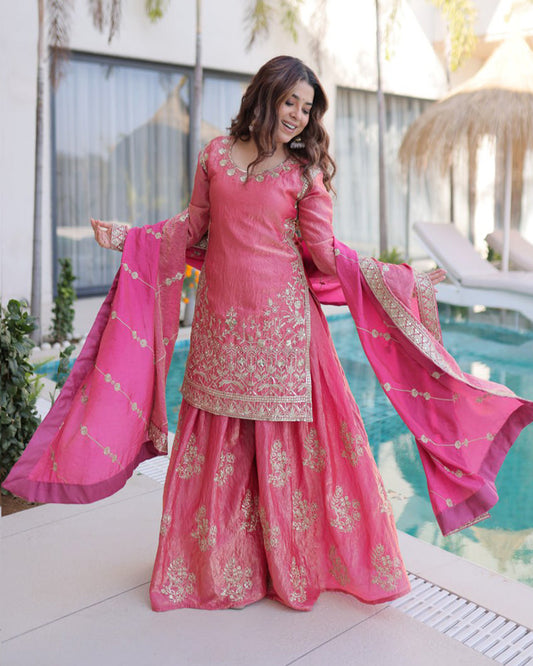 Peach Color Fendi Crush Embroidered Plazzo Suit