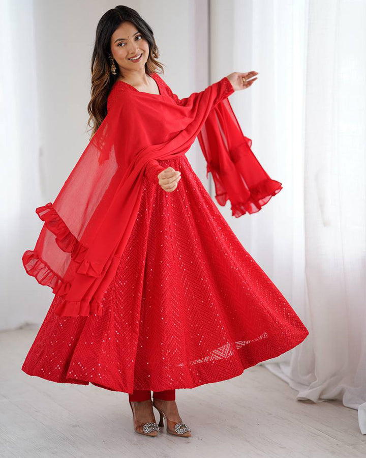 Red Color Georgette Lucknowi Three Piece Anarkali Suit