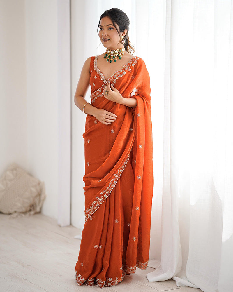Rust Orange Color Fendi Silk Embroidered Saree