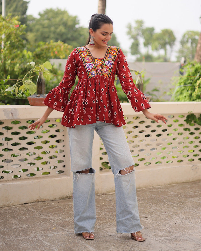 Maroon Color Cotton Printed Navratri Kediya