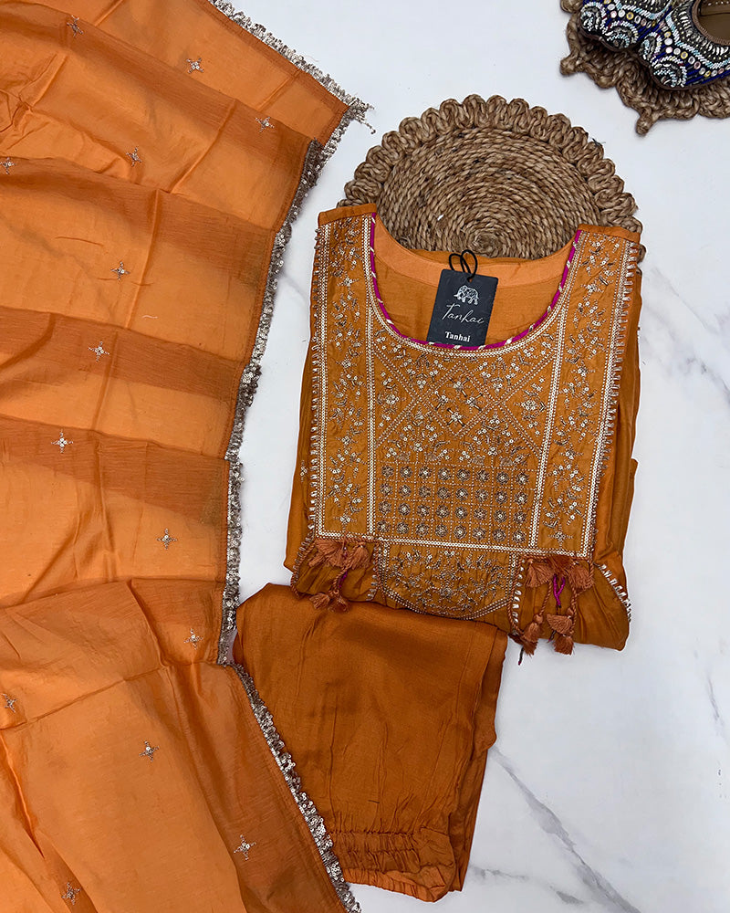 Orange Color Chinon Silk Three Piece Kurti Suit