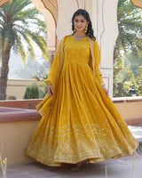 Yellow Color Full Flair Anarkali Gown With Embroidered Dupatta