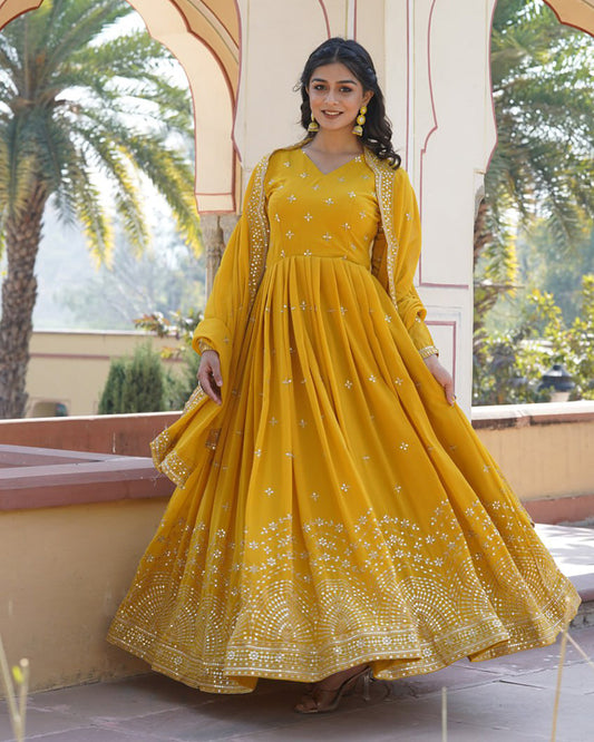 Yellow Color Full Flair Anarkali Gown With Embroidered Dupatta