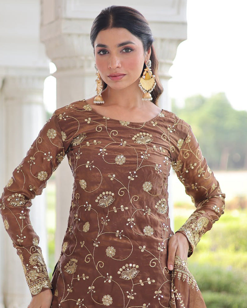 Coffee Color Fendi Silk Embroidered Sharara Suit