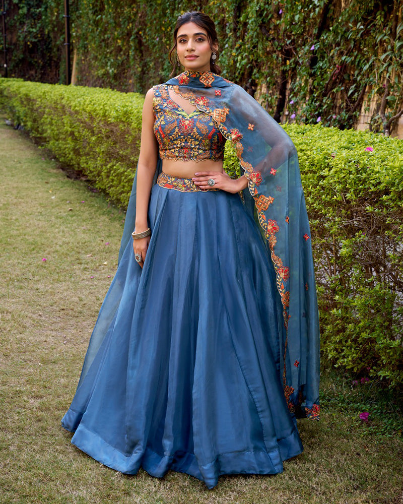 Teal Green Color Chanda Silk Embroidered Lehenga Choli