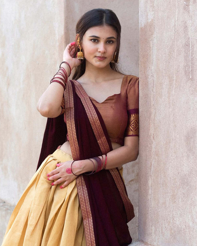 Aayushi Verma In Cream Color Kanchipuram Silk Designer Half Saree