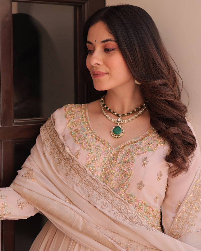 Cream Color Star Georgette Embroidered Gown