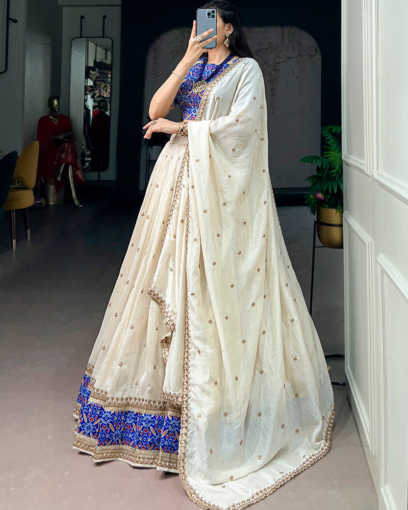 Off-White Color Vichitra Silk Sequence Embroidered Lehenga Choli