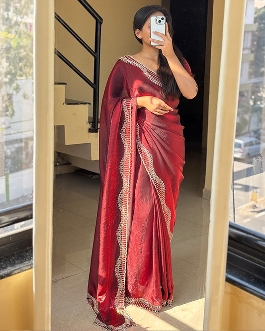 Maroon Color Space Silk Sequence Embroidered Saree