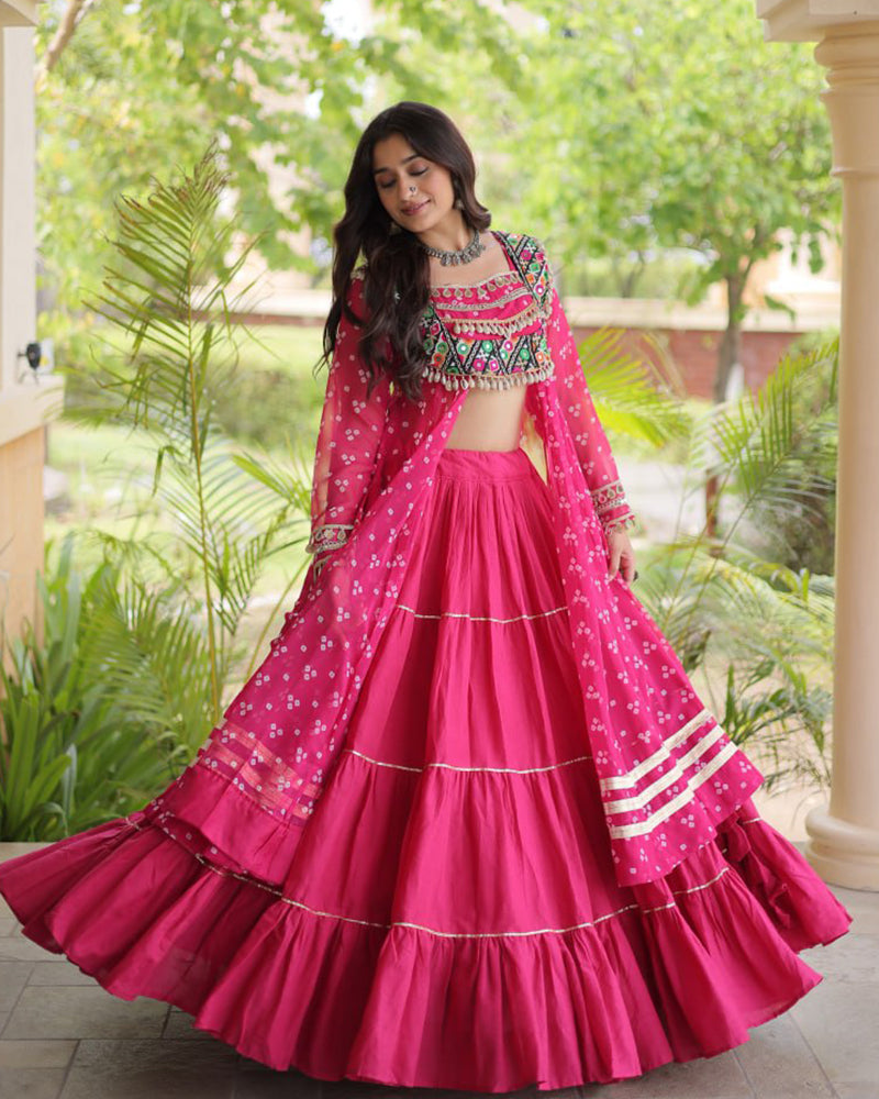 Pink Color Bandhani Printed Kurti With Kora Cotton Lehenga Choli