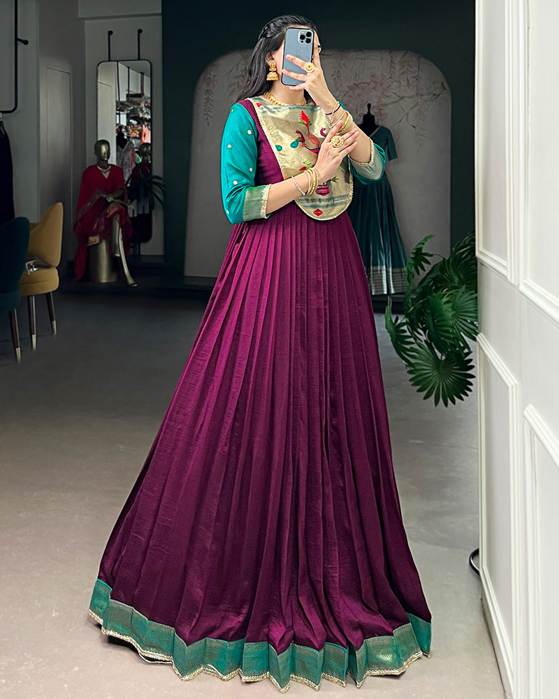Wine Color Vichitra Silk Zari Weaving Gown
