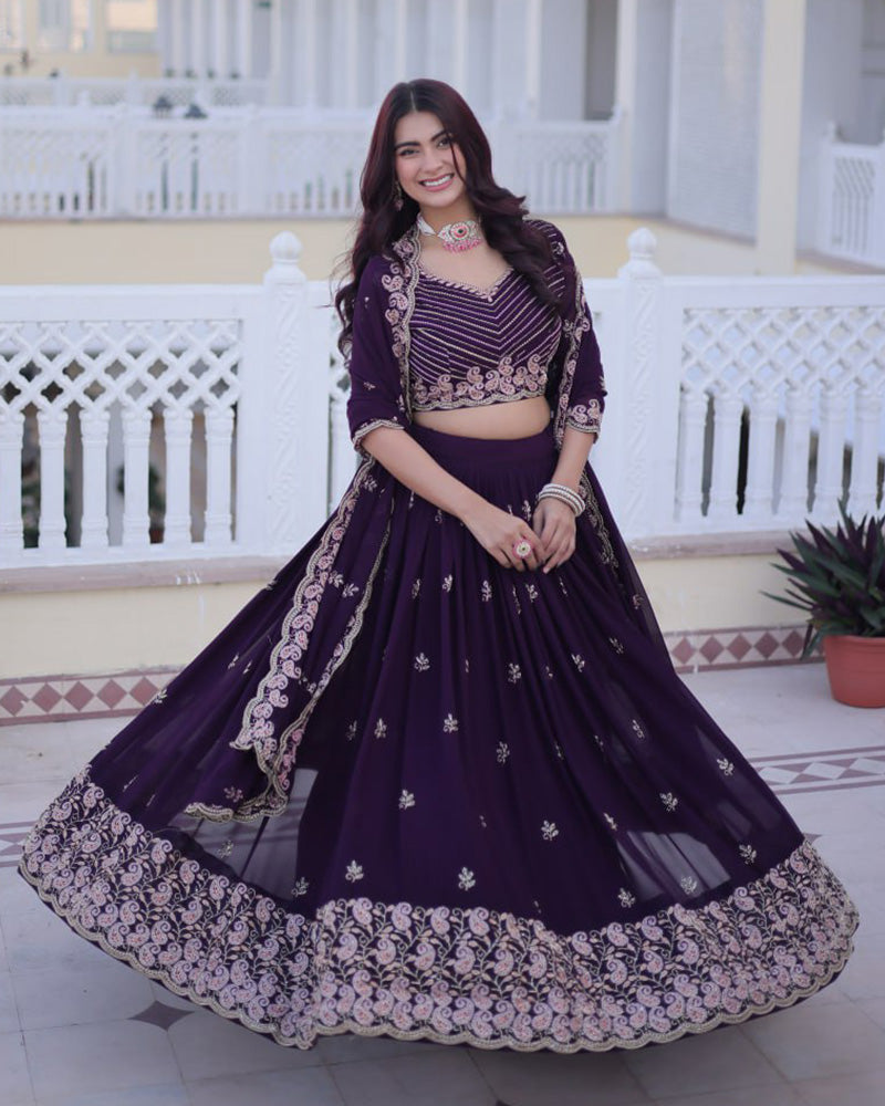 Royal Purple Color Blooming Embroidered Lehenga Choli