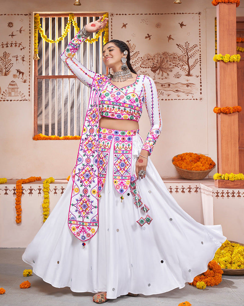White Color Viscose Rayon Thread And Mirror Work Fully Stitched Navratri Lehenga Choli
