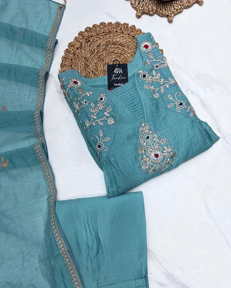 Dusty Teal Color Mal Cotton Three Piece Kurti Suit