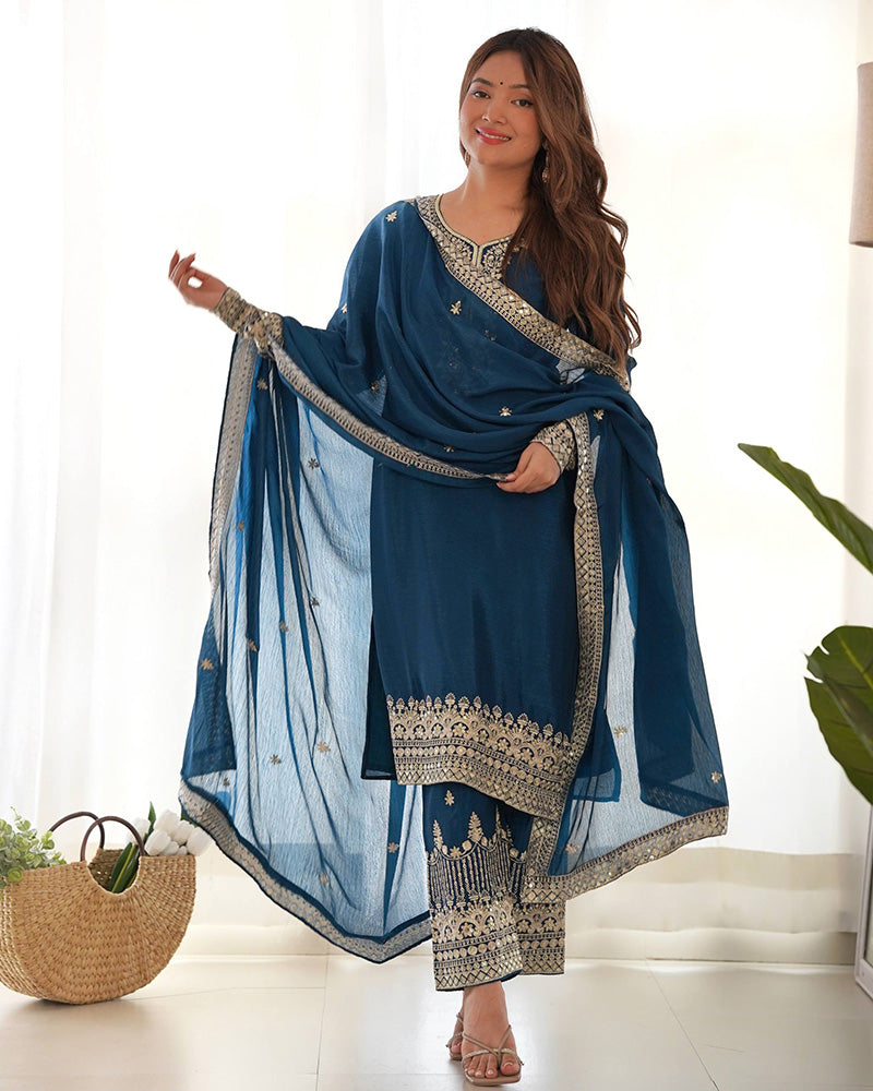 Morpich Color Pure Chinon Silk Three Piece Kurti Suit