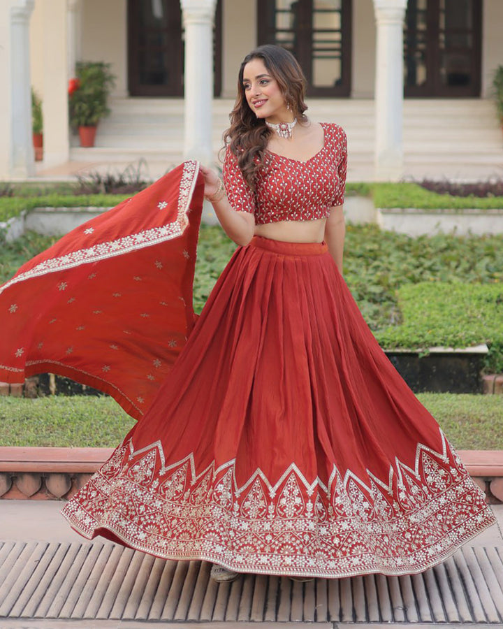 Rust Orange Color Vichitra Silk Embroidered Lehenga Choli