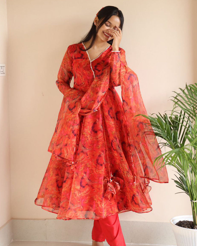 Orange Color Printed Pure Organza Silk Anarkali Suit