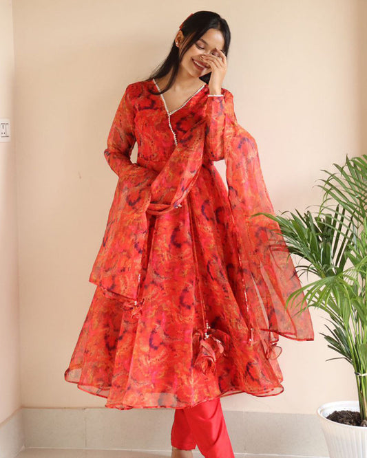 Orange Color Printed Pure Organza Silk Anarkali Suit