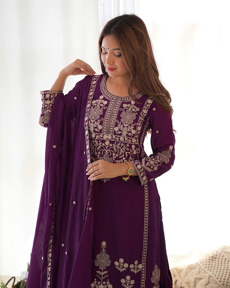 Wine Color Pure Chinon Silk Embroidered Plazzo Suit